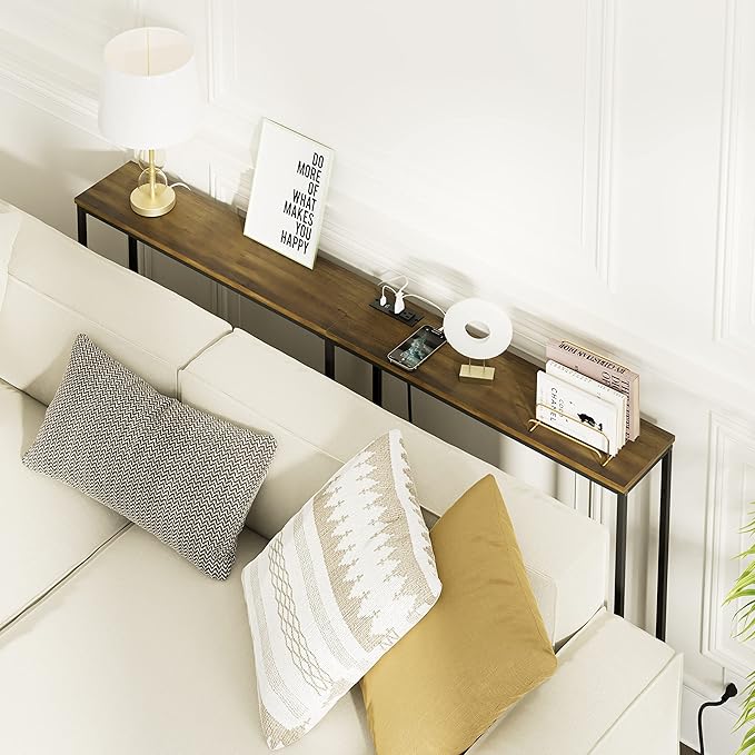 63 Inch Console Table with Power Outlet,Modern Narrow Long Sofa Table Behind Couch,Skinny Entry Table with Black Metal Frame for Entryway,Living Room, Hallway,Walnut Brown