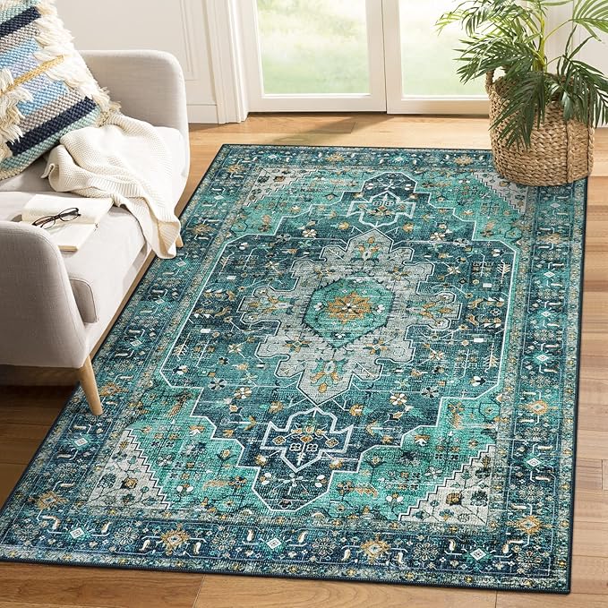 Moynesa Ultra-Thin Washable Area Rug - 4x6 Teal Living Room Rug Oriental Rugs for Bedroom, Non Slip Non Shedding Low Pile Entryway Carpet for Bedroom Dressing Room Office