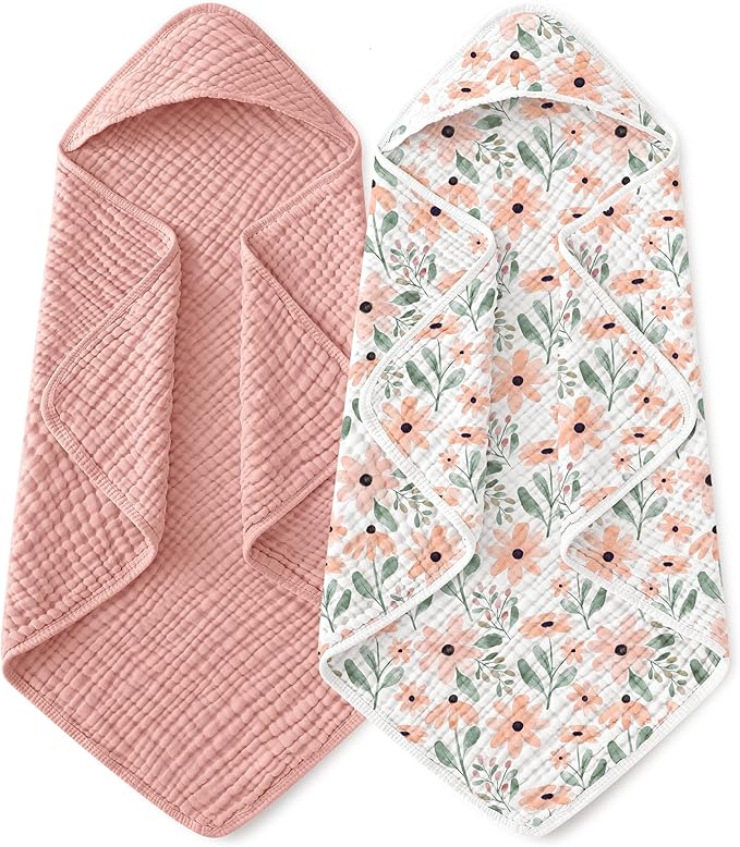 Yoofoss Hooded Baby Towels for Newborn 2 Pack 100% Muslin Organic Cotton Baby Bath Towel with Hood for Babies, Infant, Toddler and Kids, Large 32x32Inch, Soft and Absorbent Newborn Essential