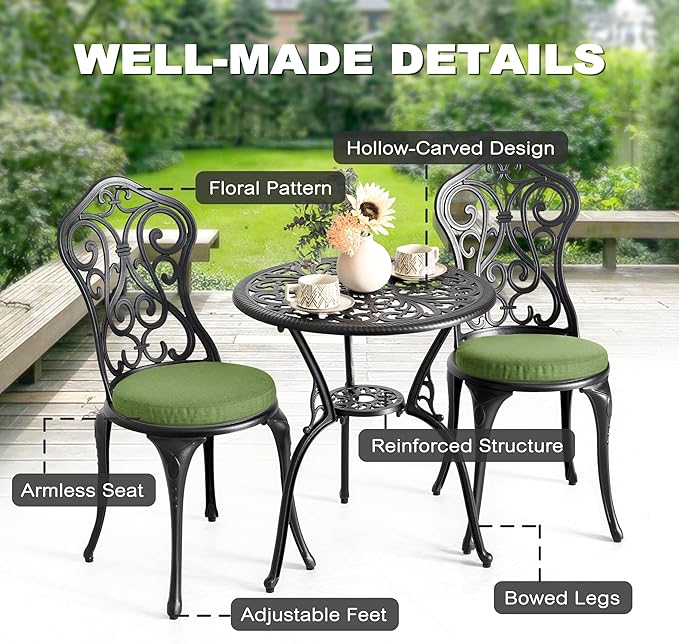 NUU GARDEN Patio 3-Piece Bistro Set with Cushions, Patio Chairs and Outdoor Round Table with Umbrella Hole, Cast Aluminum Patio Set for Lawn, Garden, Porch, Poolside, Black