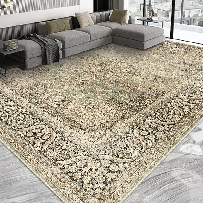 Area Rug 9x12 Olive Charcoal Area Rug 9x12 Indoor Vintage Living Room Carpet Washable Distressed Rug Retro Accent Throw Rug for Office Dining Room Nursery (Olive Charcoal, 9x12 ft)