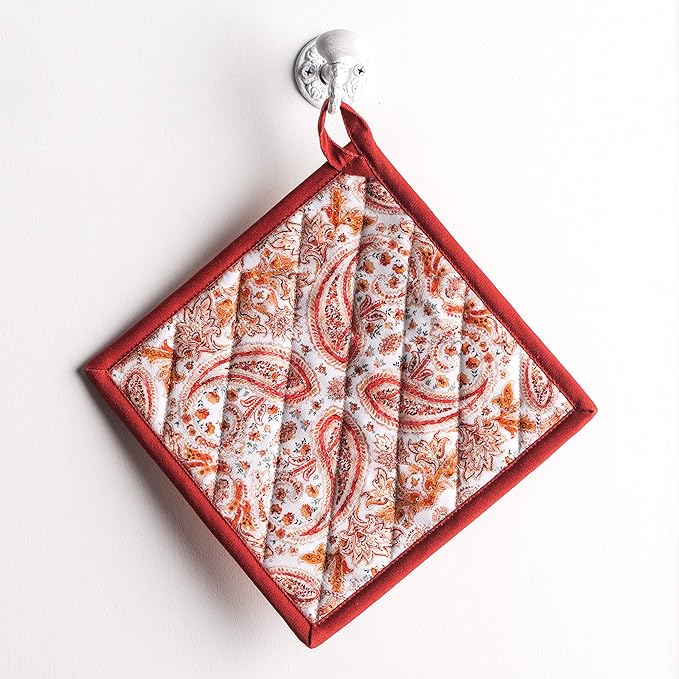 Maison d' Hermine Pot Holders Set 100% Cotton Heat Resistant Potholders 8" x 8" Hot Pads with Loop for Thanksgiving Christmas Decorations BBQ Cooking Baking Handling Hot Pans (Pack of 2, Orient)