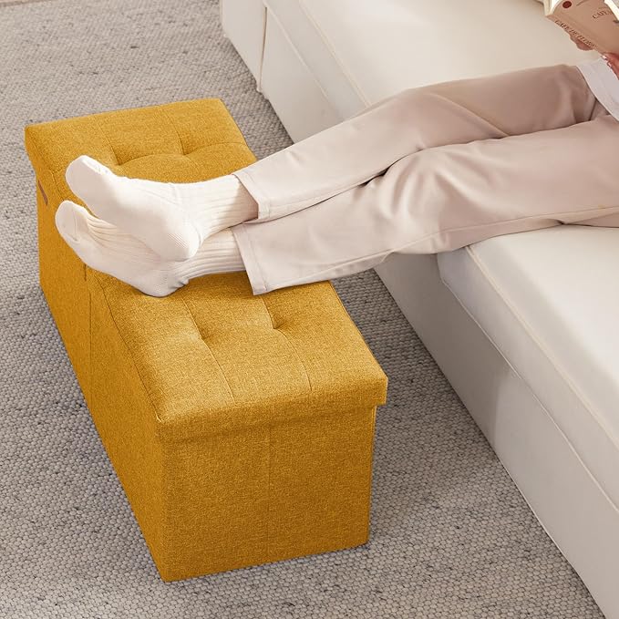 HAUSFRAU 31.5 Inches Ottoman with Storage Bench, Folding Ottoman Bench Small Foot Rest Stool, Bedroom Bench with Flipping Lid, Linen Gold