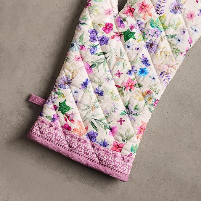 Maison d' Hermine 100% Cotton Oven Mitt & Pot Holder Set (7.5"x13" & 8"x8") Heat Resistant BBQ Cooking Gloves with Loop, Baking, Grilling, Kitchen, Handling Hot Pans Spring/Summer (Chardon)