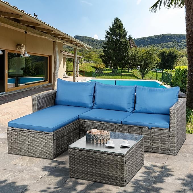 Shintenchi Outdoor Patio Furniture Sets, Small Outdoor Sofa Patio Sectional Sets 3-Piece All Weather Wicker Rattan Patio Seating Sofas with Glass Coffee Table and Cushion (Blue)