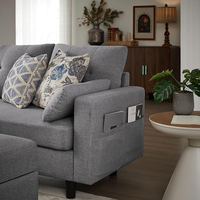 101" Convertible Sectional Sofa, Modern Linen Fabric U-Shaped Couch with 2 Storage Ottomans and Storage Pocket, 4 Seat Sofa Couches for Living Room, Apartment, Office, LightGrey