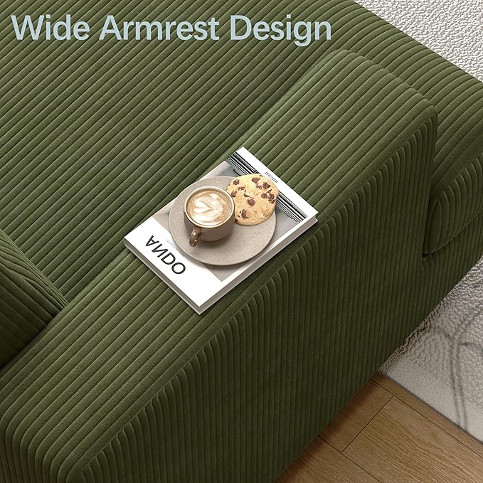 WiberWi 87 inch Couches for Living Room, Comfy 3 Seater Sofa with Deep Seat, Modern Green Corduroy Couch with Wide Armrests, Upholstered Backrests with Removable Cover