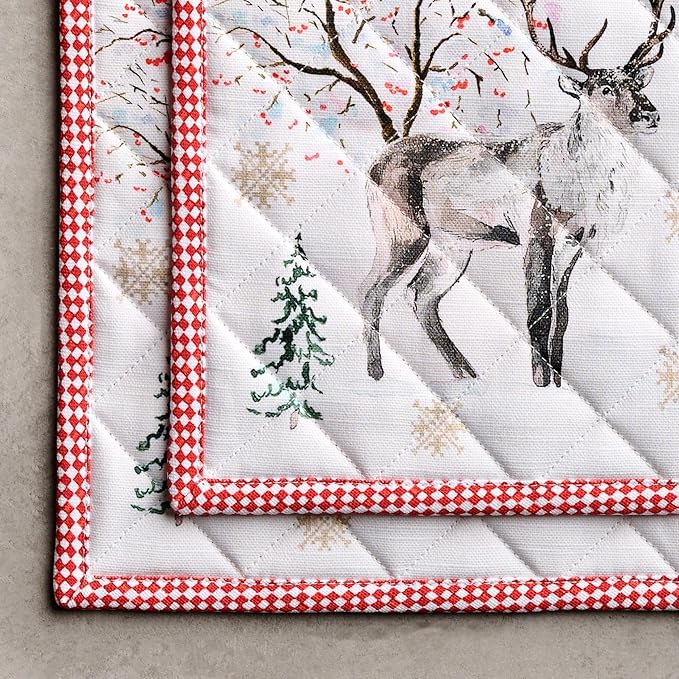 Maison d' Hermine Pot Holders Set 100% Cotton Heat Resistant Potholders 8" x 8" Hot Pads with Loop for Thanksgiving Christmas Decorations BBQ Baking Handling Hot Pans (Pack of 2, Rural Christmas)