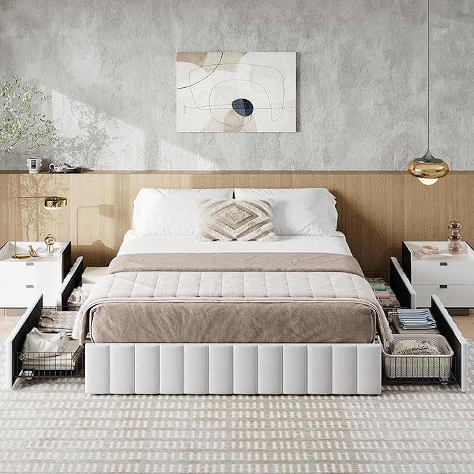 Allewie Full Size Platform Bed Frame with 4 Large Storage Drawers, Velvet Vertical Channel Tufted Upholstered Bed Base, Wooden Slats Support, Noise-Free, No Box Spring Needed, Easy Assembly, White