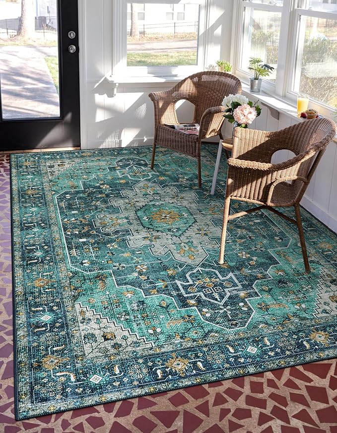 Moynesa Ultra-Thin Washable Vintage Area Rug - 5x7 Large Living Room Rug Boho Oriental Medallion Bedroom Mat Non-Slip Non-Shedding Dining Room Floor Carpet for Home Office, Teal/Mutil