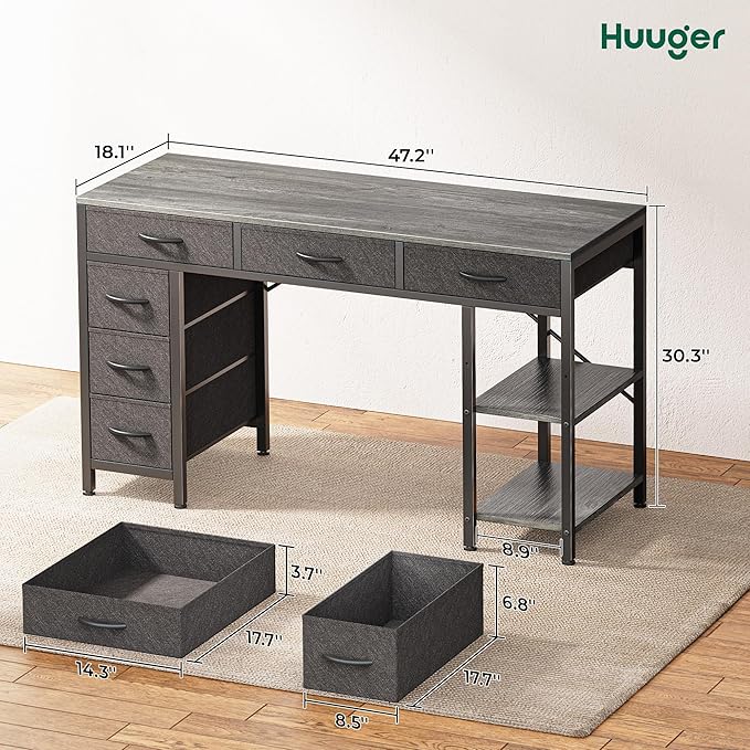 Huuger Computer Desk with 6 Drawers, 47 Inch Office Desk with Shelves, Reversible Gaming Desk, Corner Desk with Storage, for Home Office Study, Living Room, Gray
