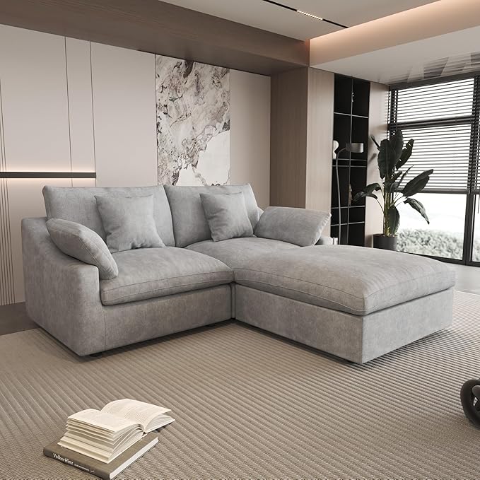 WJShome 83" Cloud Couch Sectional for Living Room, Down Filled Modular Sectional Sofa,L Shaped Sofas with Ottoman,Convertible Couch, Sofa Covers Washable&Replaceable,Gray