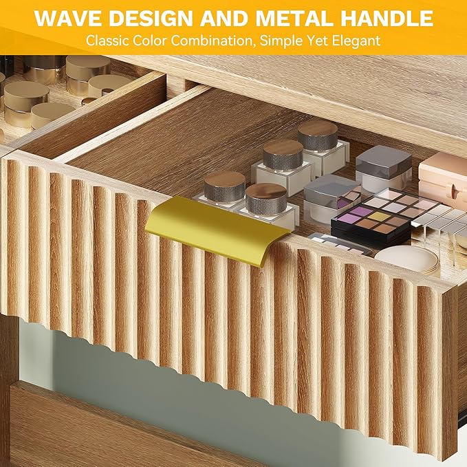 DWVO Fluted Makeup Vanity Desk with Large 27" Mirror and Lights, Modern Big Makeup Table with Power Outlet, 11 Shelves & 2 Drawers, 3 Color Lighting Modes, Dressing Table Vanity Set for Bedroom, Oak