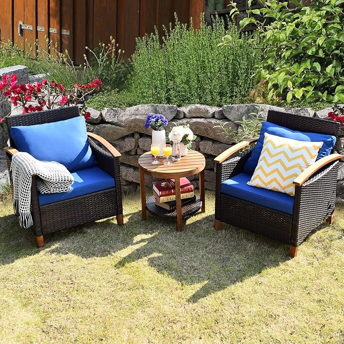 Tangkula 3 Pieces Patio Furniture Set, Outdoor Rattan Sofa and Side Table w/Solid Acacia Wood Frame, High Load Bearing Conversation Bistro Set w/Washable and Removable Cushions (Navy Blue)