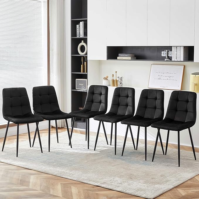 NORDICANA Dining Chairs Set of 6, Modern Black Velvet Kitchen Chairs for 6 Person, Armless Chairs Upholstered Cushion Seat, Metal Legs