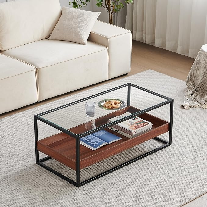 Shrine Glass Coffee Table, Black Walnut Coffee Table for Living Room, Glass and Wood Coffee Table, 39.2" D x 19.5" W x 15.7" H, Clear Glass Top, Walnut Wood Panels&Black Metal Frame