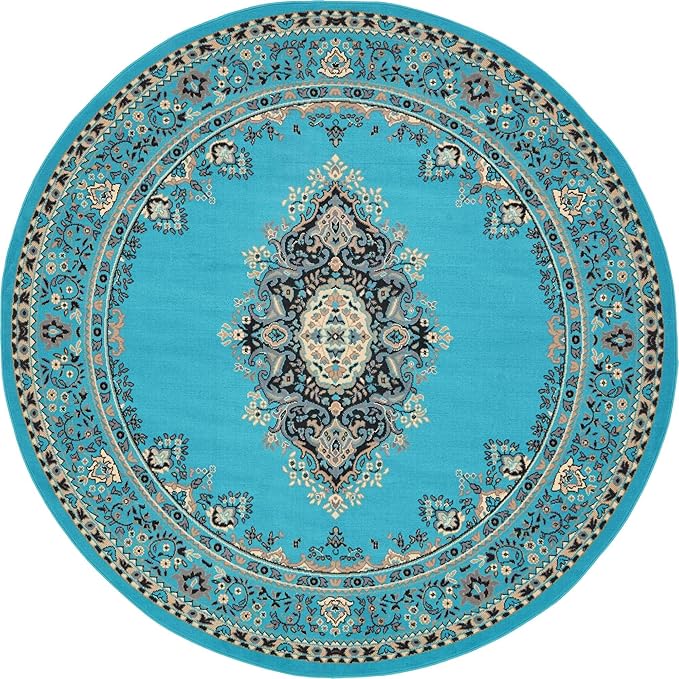 Unique Loom Reza Collection Traditional Persian Style Area Rug, 8' 0" x 8' 0", Turquoise/Ivory