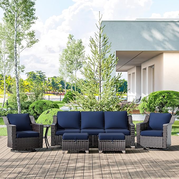 6 Pieces Wicker Patio Furniture, Luxury Outdoor Furniture with 2 Patio Swivel Chair, 3-Seater Sofa, 2 Patio Ottoman and 1 Side Table, Wide Armrest, Thickened Cushions