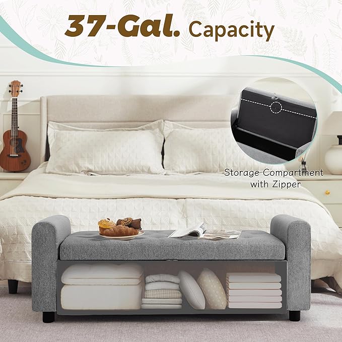 Ottoman with Storage, Tufted Storage Bench for Bedroom, 48" Fabrics End of Bed Bench, Upholstered Entryway Shoe Benches with Rolled Arm & Inner Zipper, Window Ottomans Chest without Rivets, Dark Grey