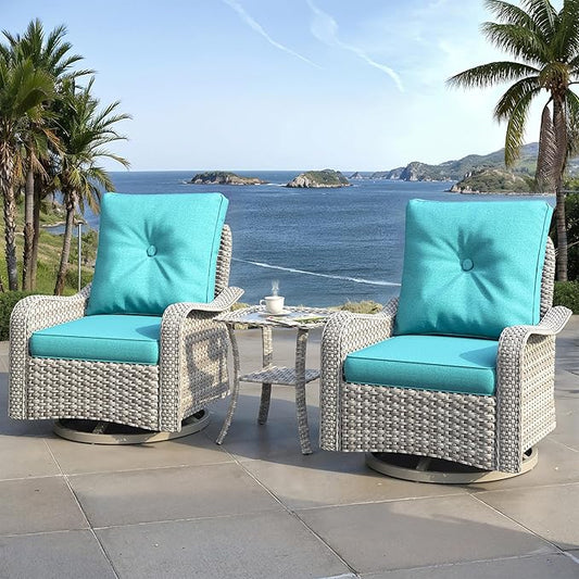 3 Piece Outdoor Wicker Patio Furniture Set,High Back Swivel Rocker Patio Chairs with 4" Thickened Cushions & Side Table, All-Weather PE Rattan for Garden, Backyard, Porch, Navy