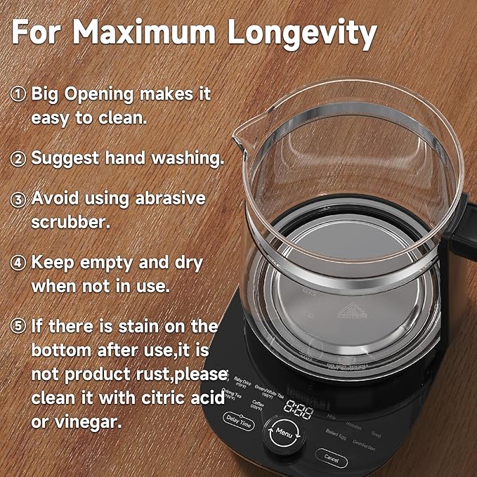 Hot Tea Maker Glass Electric Kettle with Infuser and Temperature Control,1.5L Stainless Steel 1200W Rapid Boiling,Programmable Control for your Favorite Teas and Coffee,Black