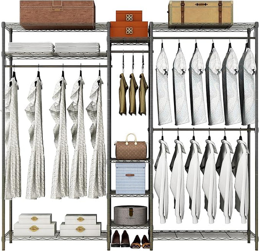 XIOFIO Heavy Duty Wire Garment Rack, Metal Clothing Rack with 4 Hanging Rods and 9 Shelves, Freestanding Open Wardrobe Organizer for Hanging Clothes , 68.5"L x 16.5"W x 76.7"H Max Load 800LBS, Black