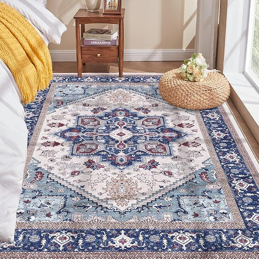 OPPODREAM Thin Area Rugs 4x6, Low-Pile Washable Rugs 4x6 with Non Slip Backing, Faux Cashmere 4 x 6 Throw Carpet, Navy Blue & Red & Cream