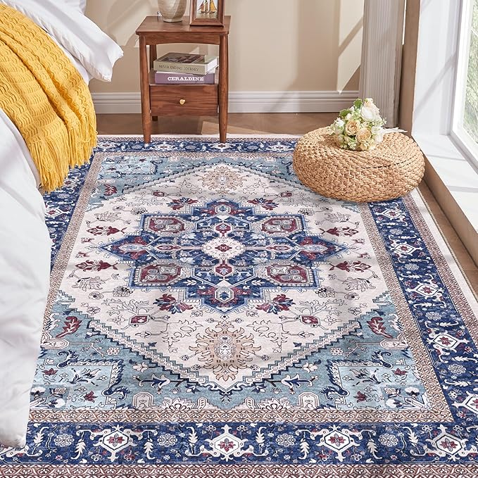 OPPODREAM Thin Area Rugs 3x5, Washable Rugs with Non Slip Backing, Low-Pile Throw 3x5 Carpet, Faux Cashmere 3 x 5 Carpet, Navy Blue & Red & Cream