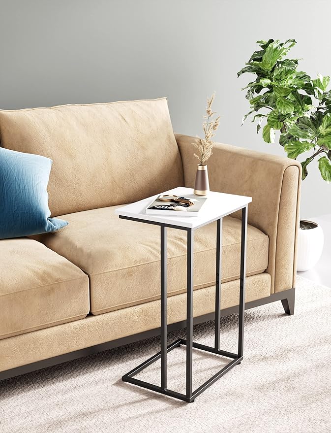 Innerjoin Wide C Side Table,C Couch Laptop Table with Metal Frames, Small Snack End for Sofa and Bed, Retro Table, Living Room Bedroom, Industrial Style, White