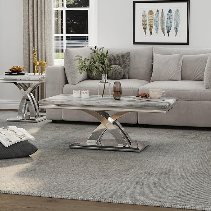 AUZ Silver Coffee Table Set of 2, Living Room Table Set with X- Shape Design Polished Stainless Steel Frame