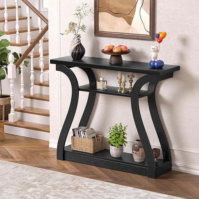 Wooden Console Table with Curved Legs and Shelf, 3-Tier Modern Accent Sofa Table for Entrance Area, Living Room, Hallway, 47 in Wide (Black)