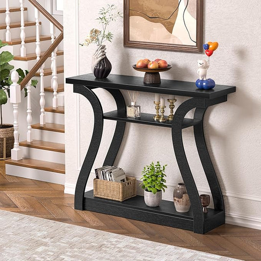 Wooden Console Table with Curved Legs and Shelf, 3-Tier Modern Accent Sofa Table for Entrance Area, Living Room, Hallway, 47 in Wide (Black)