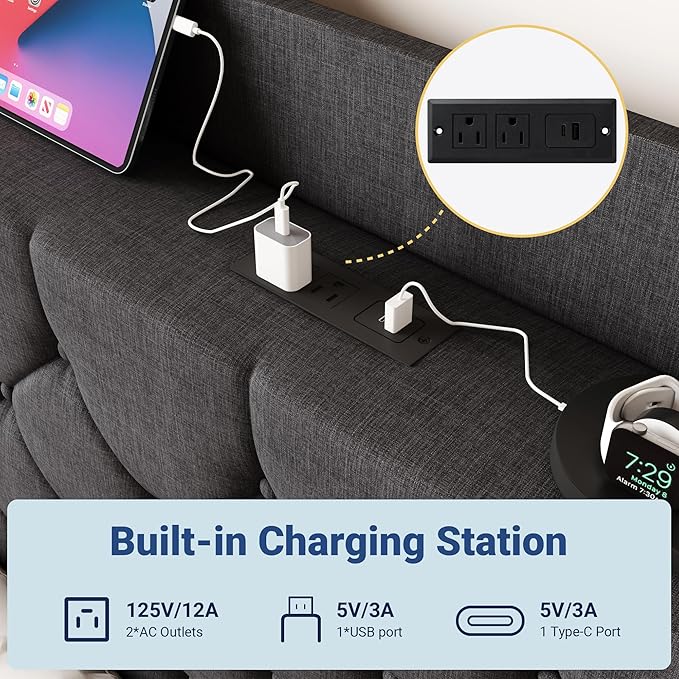 Allewie Full Size Bed Frame, Storage Headboard with Charging Station, Wingback Linen Upholstered, Diamond Stitched Button Tufted, Sturdy Wooden Slats, No Box Spring Needed, Easy Assembly, Dark Grey