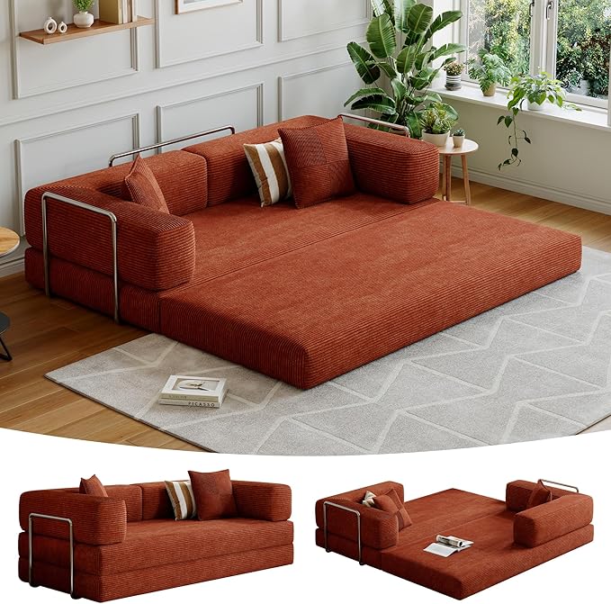 Compressed Sleeper Sofa Bed,Convertible Floor Boneless Couch-with Comfy Pillow,Modular Modern Corduroy Sofa for Living Room Bedroom Lounge Studio-with Fixed-Shape Frame and Support Armrest