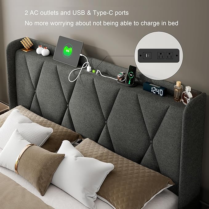 Feonase Queen Bed Frame with 4 Storage Drawers, Upholstered Button Tufted Storage Headboard with Fast Charging Station, Heavy Duty Slats Support, No Box Spring Needed, Noise-Free, Dark Grey