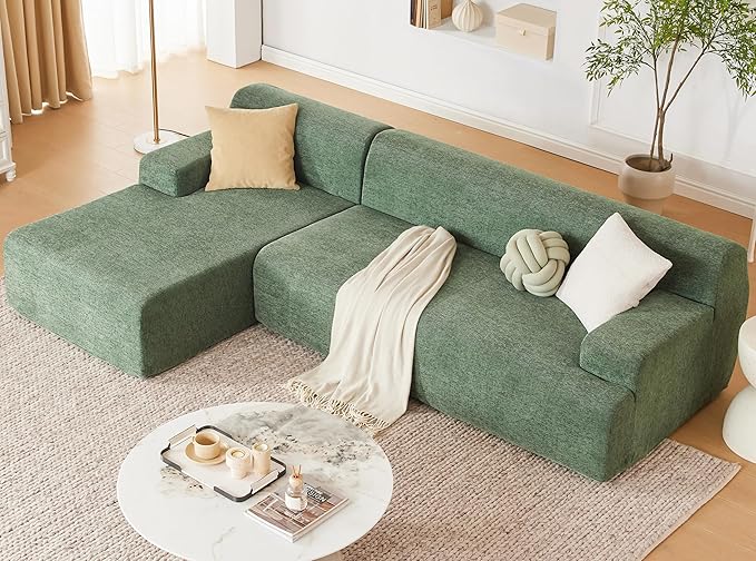 107” Chenille Modular Sectional Sofa, Boneless Couch Modern Sponge Sofa for Living Room, High Density Sponges Cloud Couch Sectional, L-Shape Couches for Living Room, Green