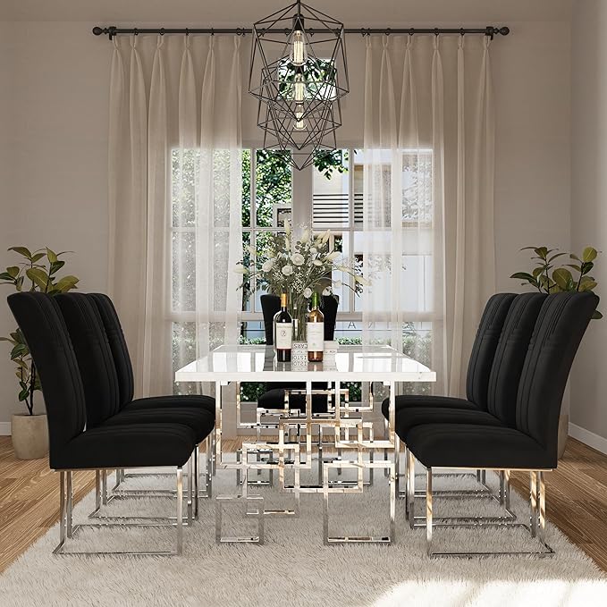 AUZ Dining Chairs Set of 10, Black and Silver Dining Chair with Velvet Upholstery and Mirrored Silver Sled Legs