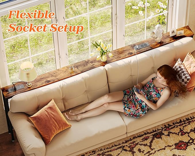 SUPERJARE 86.6 Inch Sofa Table with 2 Power Outlets and USB-C Ports, 5.9 Inch Narrow Console Table with Storage, Long Entryway Hallway Couch Table Behind Sofa, Small Spaces, Living Room, Rustic Brown