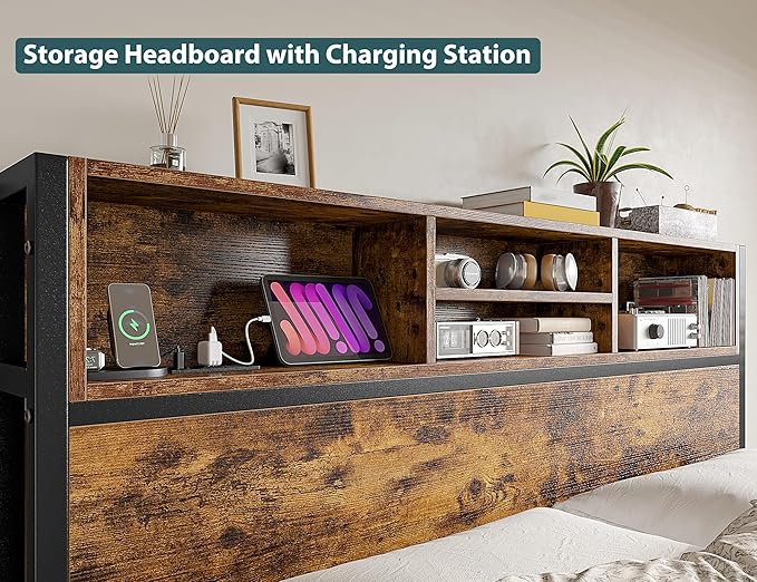 EnHomee Full Size Bed Frame with 6 Storage Drawers Full Bed Frame with Headboard, with Charging Station, No Noise, No Box Springs Needed, Vintage Brown