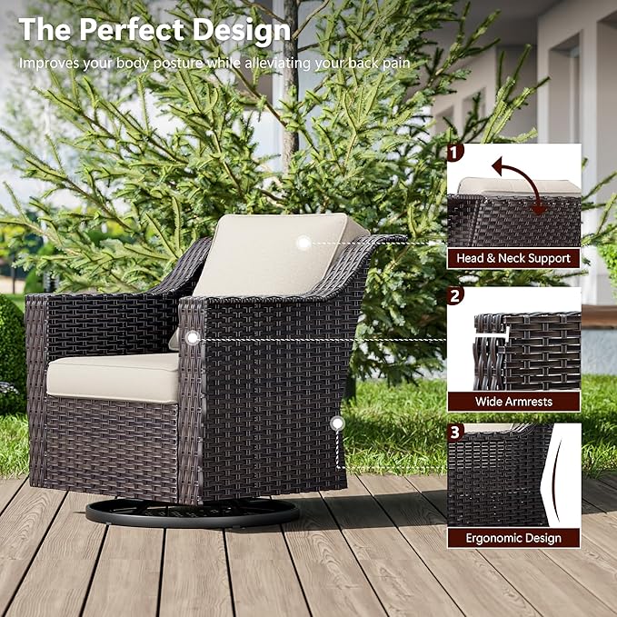 5 Pieces Wicker Patio Furniture, Luxury Outdoor Furniture with 2 Patio Swivel Chair, 2 Patio Ottoman and 1 Side Table, Wide Armrest, Thickened Cushions, Ideal for Deck, Porch Use