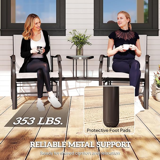 Outsunny Outdoor Glider Chairs with Coffee Table, Patio 2-Seat Rocking Chair Swing Loveseat with Breathable Sling for Backyard, Garden, and Porch, Beige