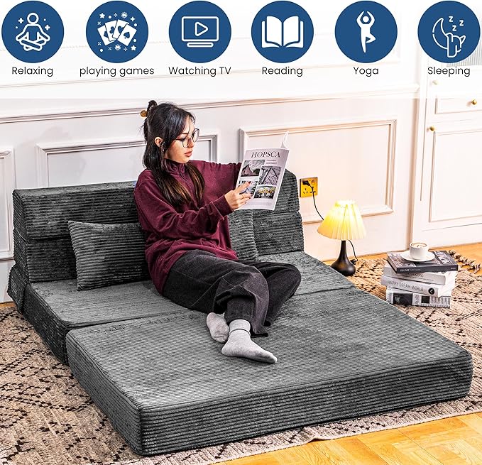 Folding Sofa Bed, Convertible Sleeper Chair with Pillow, High Density Memory Foam Fold Out Couch, Foldable Mattress Futon Sofa for Living Room/Dorm/Guest Use/Apartment/Home Office
