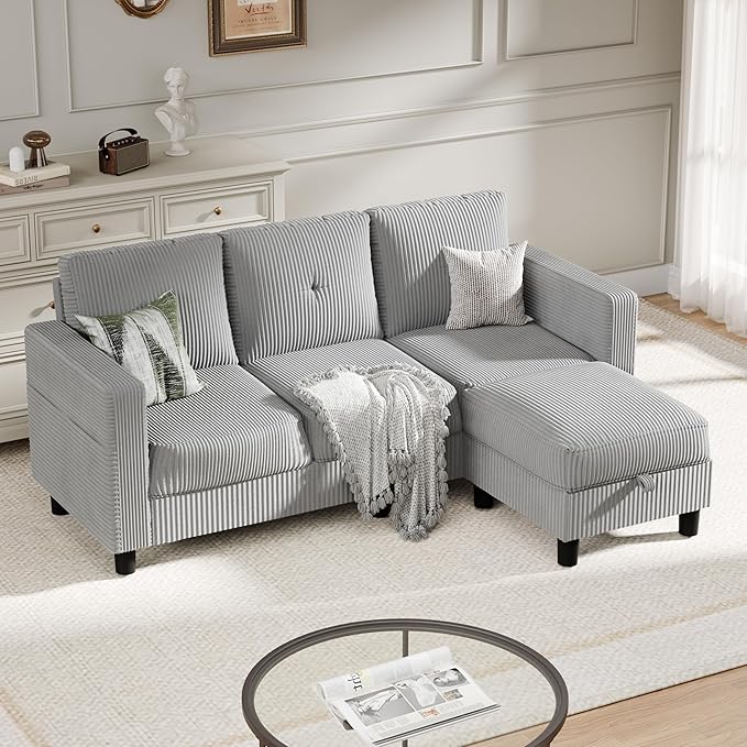 SUNLEI Convertible Sectional Sofa for Small Spaces, L Shaped Modular Sofa with Reversible Chaise & Ottoman Storage, 3 Seat Modern Small Couches for Living Room in Apartment, Linen Fabric, Light Grey