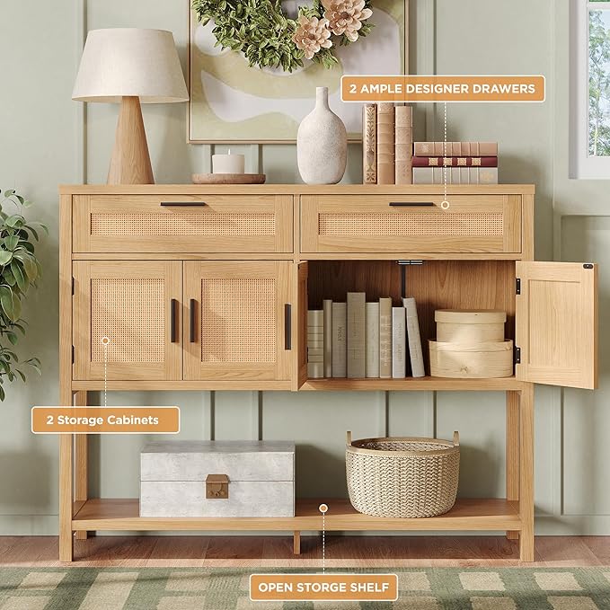 Maupvit Entryway Console Table with Large Storage Space, Sofa Table with Rattan Cabinet Doors, Buffet Table for Living Room, Hallway, Foyer Furniture for Home Decor, Nature Wood Color