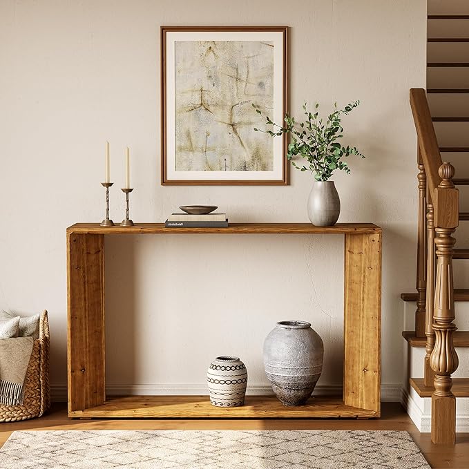 2-Tier Solid Wood Console Table for Living Room, 55" Farmhouse Entryway Table Indoor for Foyer, Hallway (Brown)