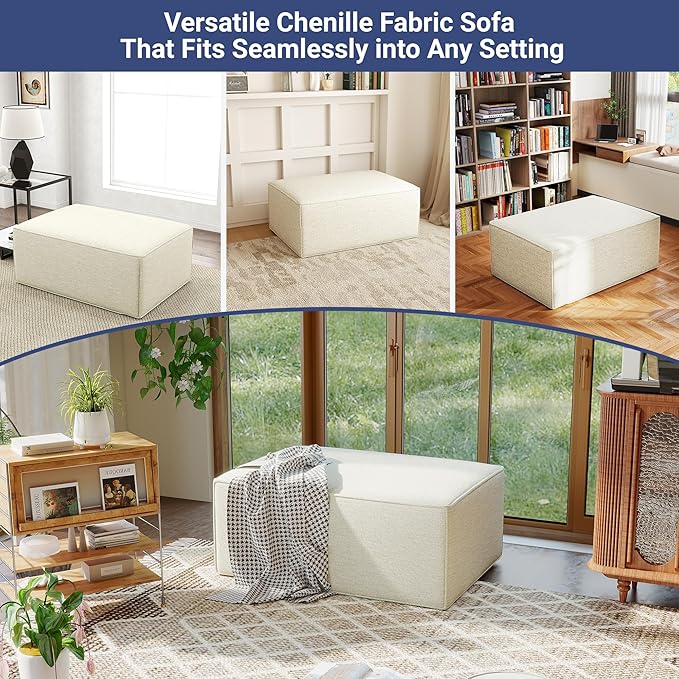 38“ Modular Sectional Sofa Convertible Cube Compressed Couch Seat Set, Combine L-Shaped U-Shaped, Free Assembly, Space-Saving for Living Room, Thick Foam Fabric Chenille Beige White (Only Ottoman)