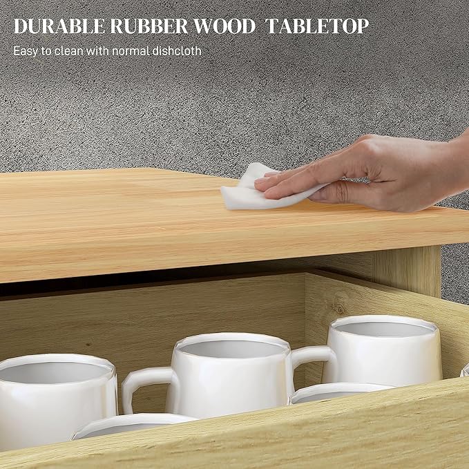 HOMCOM Sideboard with Solid Wood Countertop, Modern Kitchen Storage Cabinet, Coffee Bar Cabinet with 2 Drawers, Doors and Adjustable Shelf, Natural Rattan