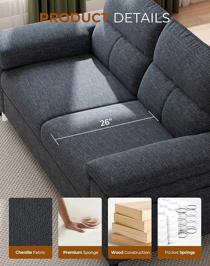 71.25" Modern Sofa Couch for Living Room, Deep Seat Sofas with 8”Cushion, Comfy 2-Seater Chenille Loveseat with Convertible Armrest, Removable Sofa Cover, High Leg(Blue)