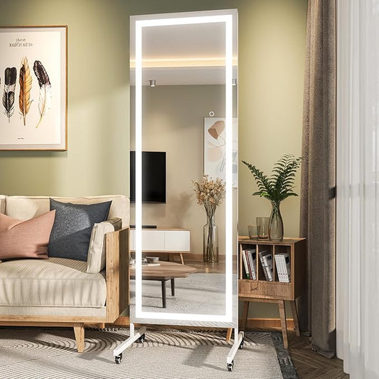 Hasipu Home Gym Mirror with Light 360° Swivel on Wheels, 65" x 22" Extra Large Full Length Rolling LED Mirror for Yoga Studio, Bedroom, Dancing Studio, White