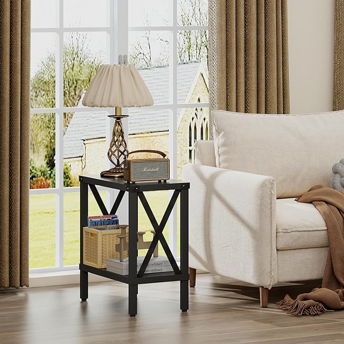 Narrow End Table, Large Sofa Side Table, Farmhouse Nightstand with Storage Shelve, Slim Bedside Table for Living, Room Bedroom, Lounge Black MLBZ17B